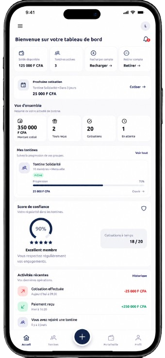 Application Bankwooa : solde disponible de 425 000 FCFA et suivi de vos projets d’épargne.